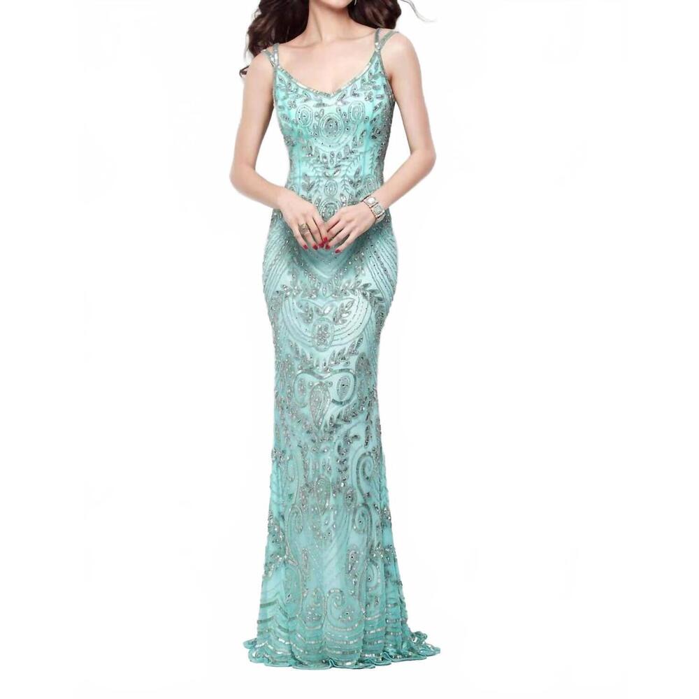 NEW PRIMAVERA beaded long evening dress in aqua